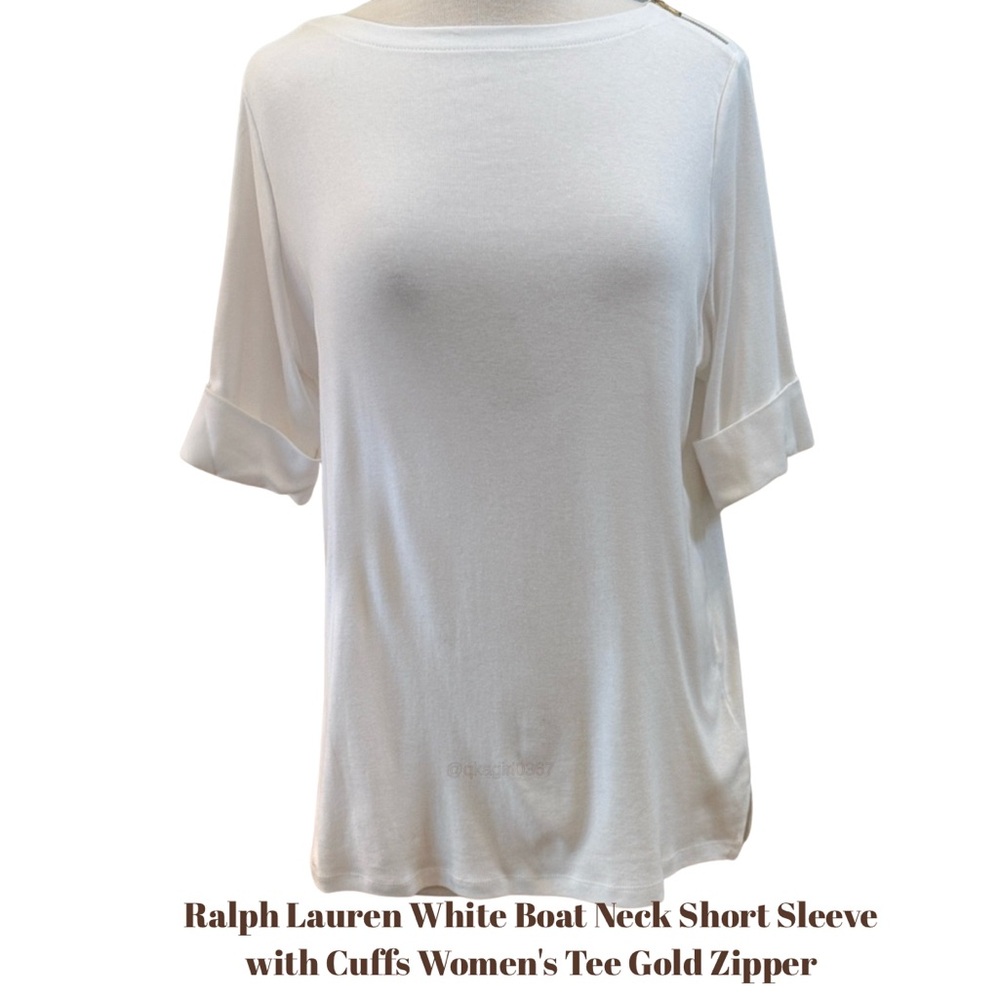 Ralph Lauren White Boat Neck Short Sleeve with Cuffs Women's Tee Gold Zipper